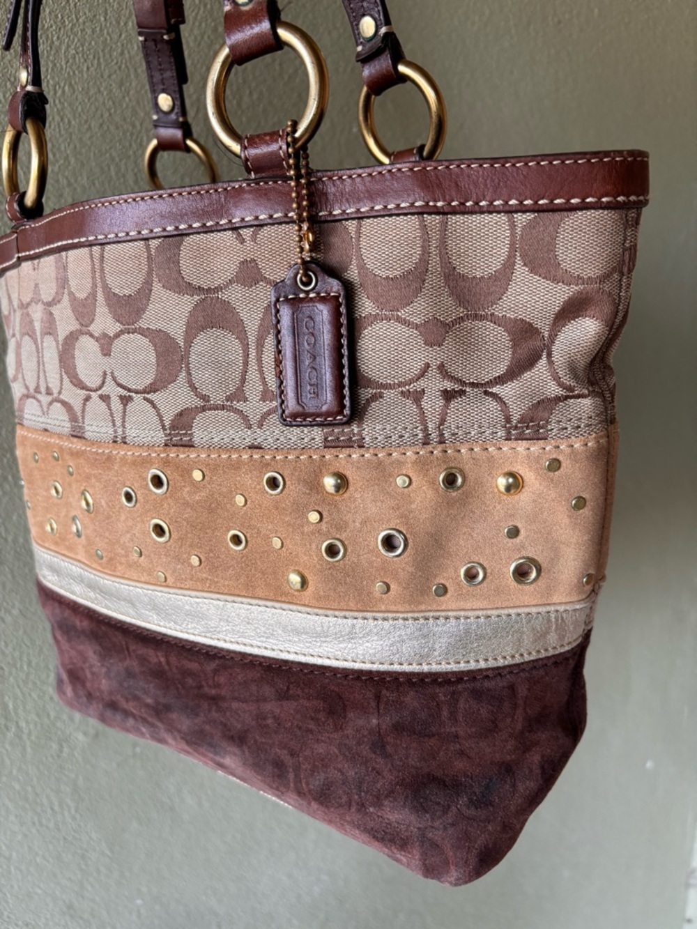 Coach Brown and Gold Signature Canvas Tote with Grommet Trim - Picture 2 of 7